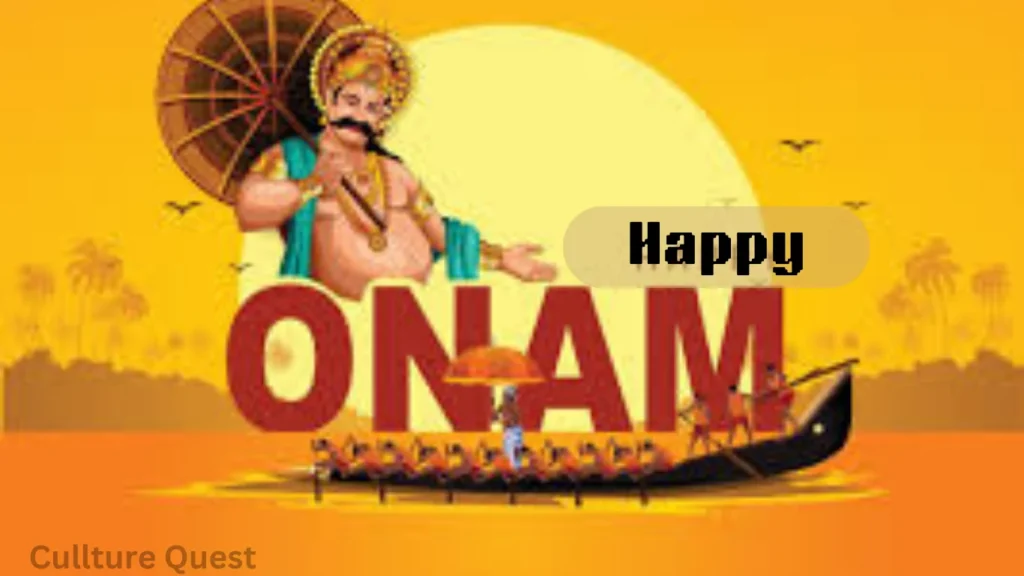 Illustration of King Mahabali with an umbrella, a traditional snake boat race, and the text "Happy Onam" in vibrant yellow and orange hues, symbolizing the grand Onam festival of Kerala.