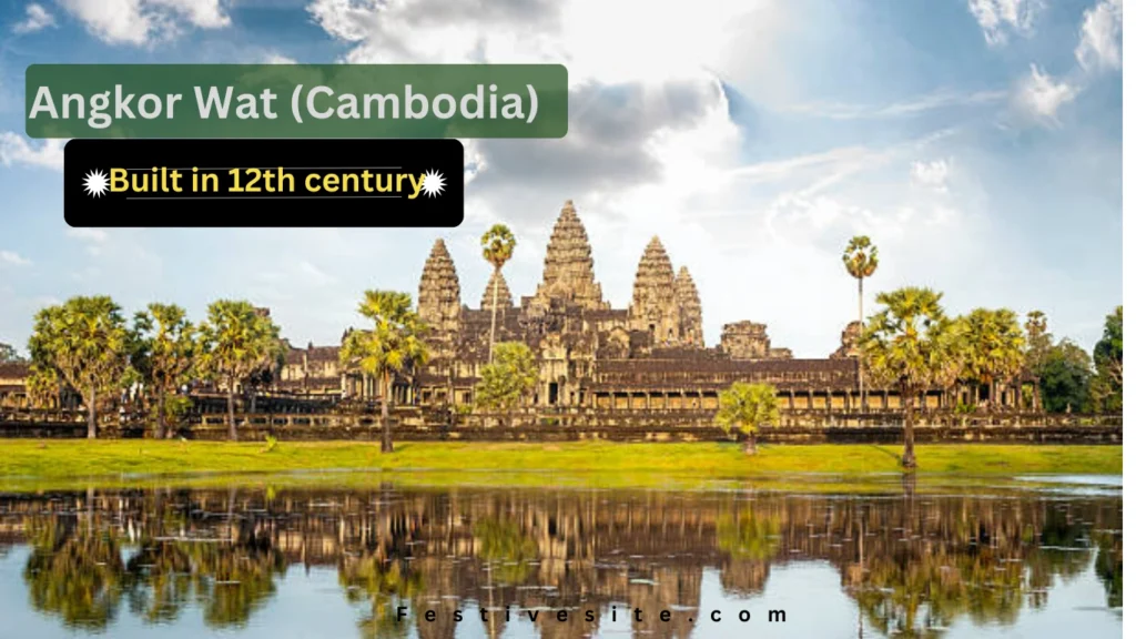 The majestic temple complex of Angkor Wat in Cambodia, reflected in a tranquil water body, surrounded by lush greenery and a dramatic sky.