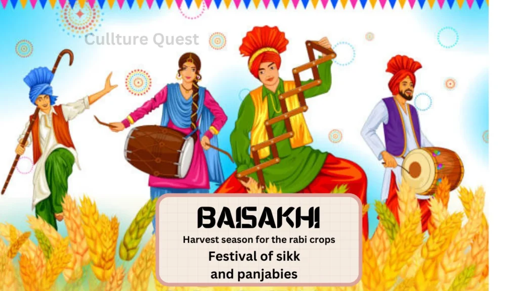 Colorful illustration of people in traditional Punjabi attire celebrating Baisakhi with dance, music, and festive joy.