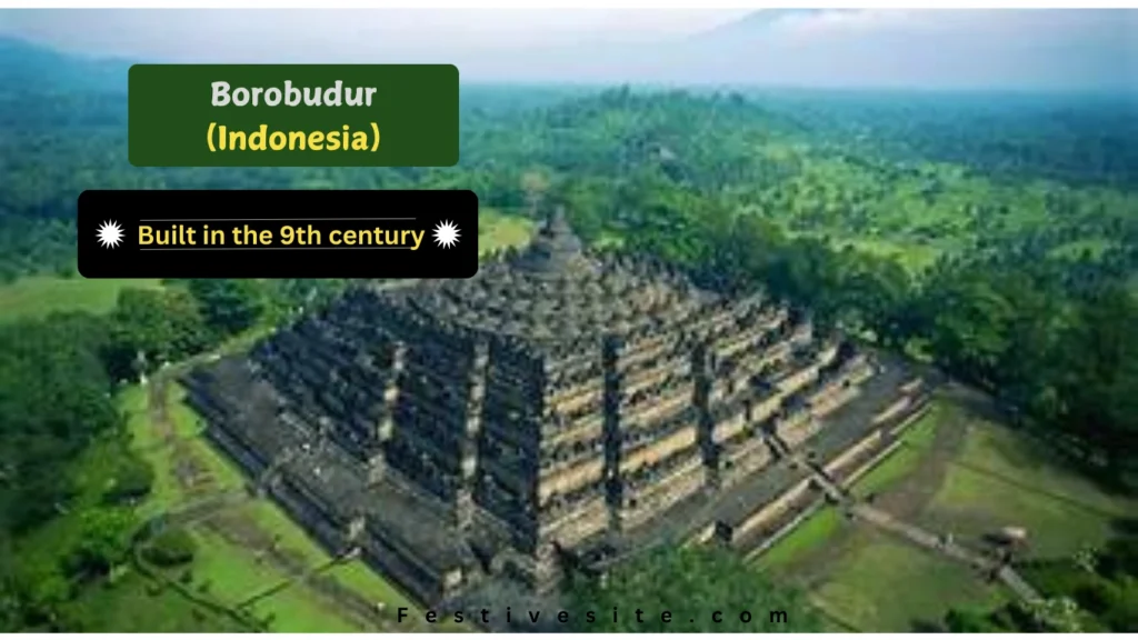 Aerial view of Borobudur, the world’s largest Buddhist temple in Indonesia, showcasing its intricate stone architecture and lush green surroundings.