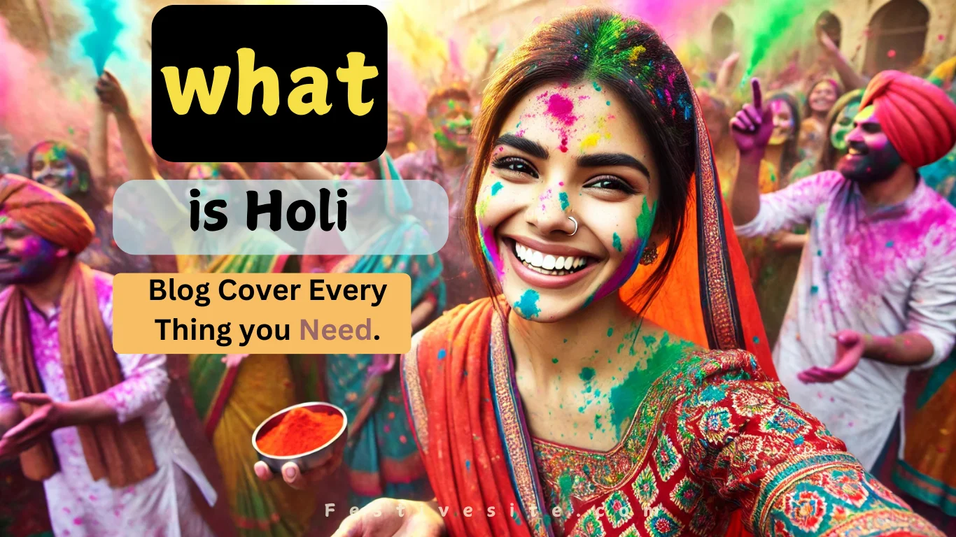 A smiling Indian woman covered in vibrant Holi colors, enjoying the festival with a joyful crowd in the background.