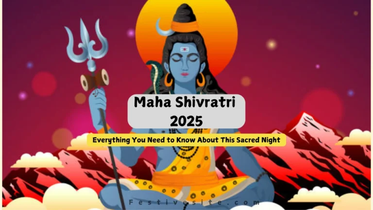 Illustration of Lord Shiva meditating with a trident in hand, set against a vibrant backdrop of mountains and a glowing full moon, representing the divine aura of Maha Shivratri 2025.