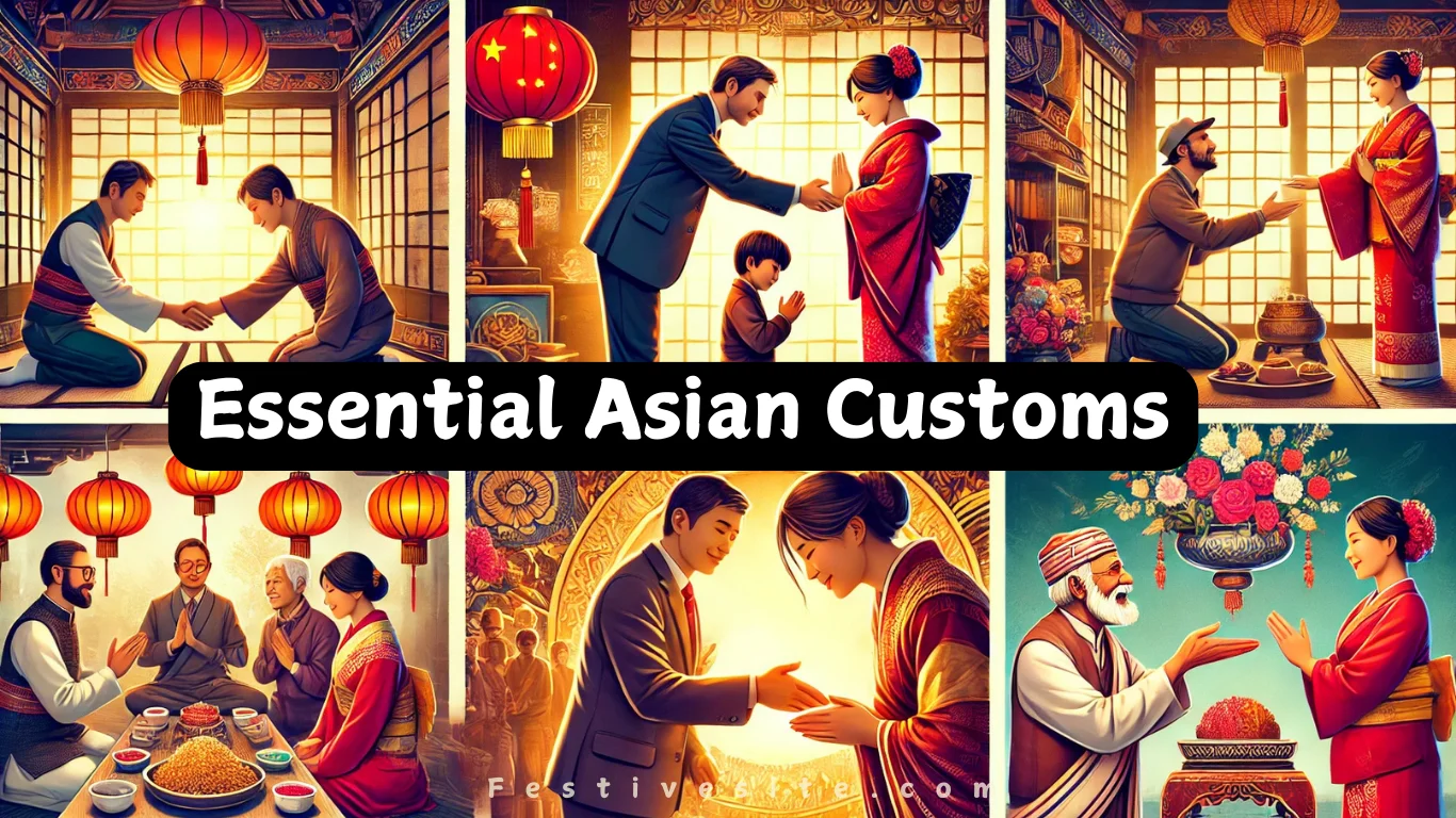 A collage of traditional Asian customs, featuring people in cultural attire engaging in respectful greetings, tea ceremonies, and family gatherings under lantern-lit settings.