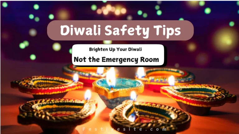 Colorful diyas lit up during Diwali celebrations with a safety message overlay: "Diwali Safety Tips – Brighten Up Your Diwali, Not the Emergency Room.