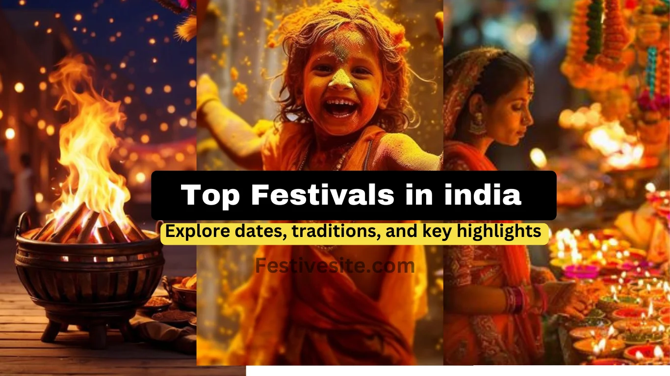 A vibrant collage showcasing festivals in india. It features a bonfire for Lohri, a joyous child celebrating Holi with colors, and a woman lighting lamps during Diwali.