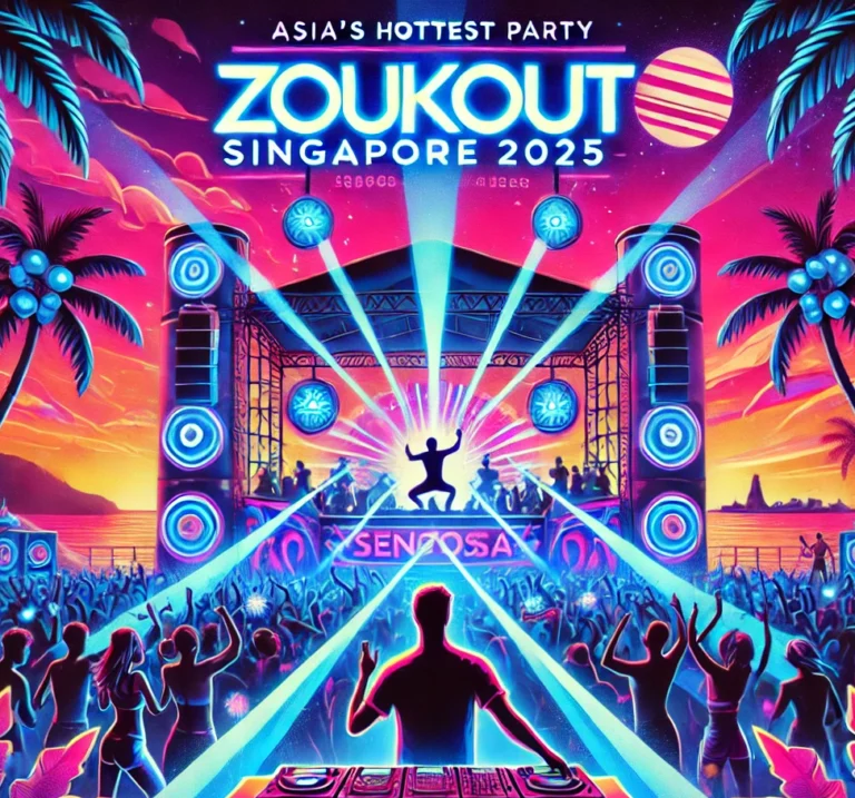 vibrant and high-energy EDM festival scene at Siloso Beach, Singapore, featuring neon lights, dancing crowds, a DJ silhouette, and bold text promoting "ZoukOut Singapore 2025."