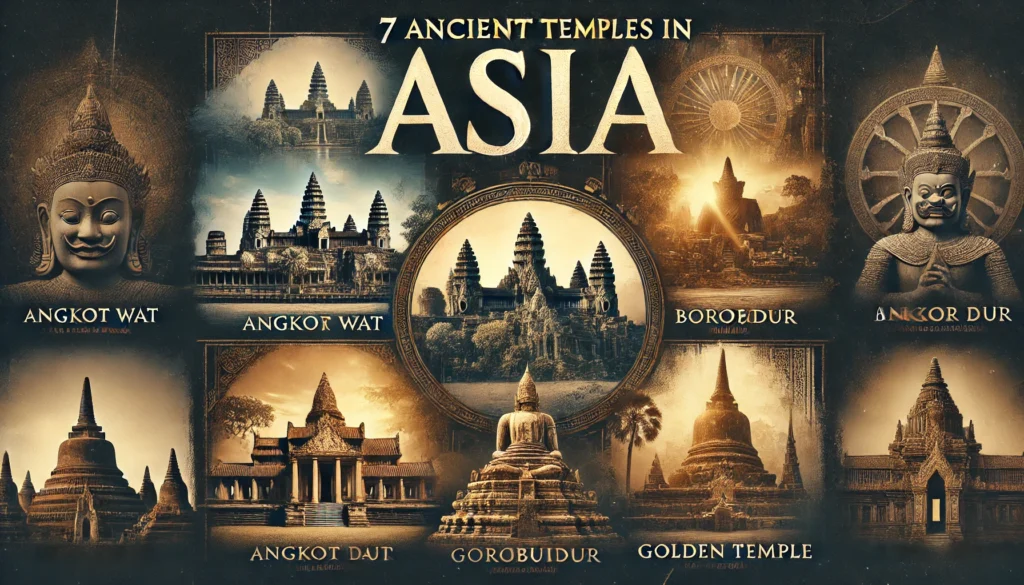 A visually stunning feature image showcasing seven ancient temples in Asia with the title "7 Ancient Temples in Asia" prominently displayed.