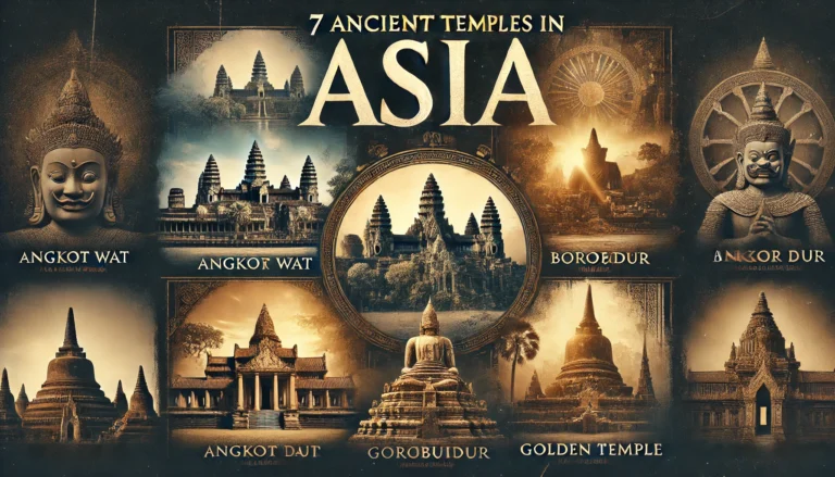 A visually stunning feature image showcasing seven ancient temples in Asia with the title "7 Ancient Temples in Asia" prominently displayed.