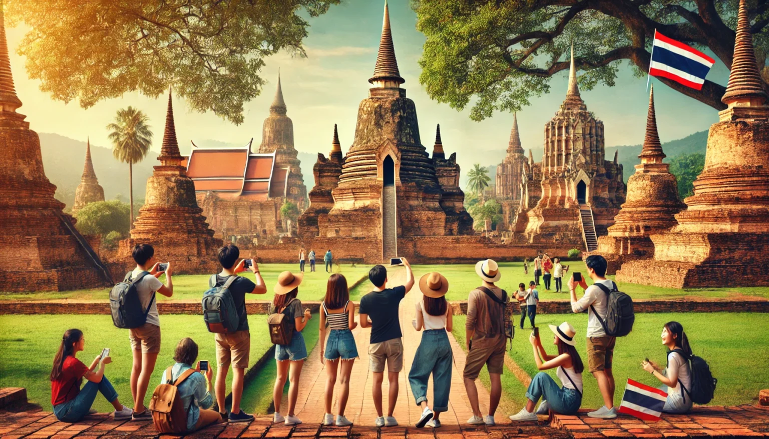 A group of tourists exploring ancient temples in Thailand, capturing photos of the historic ruins. The setting features well-preserved pagodas, lush greenery, and a Thai flag waving in the background, symbolizing cultural heritage and tourism in Thailand during Songkran Festival 2025