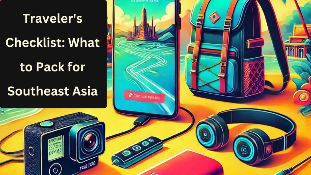 A travel-themed image showcasing essential electronics for traveling in Southeast Asia, including a smartphone, power bank, universal adapter, GoPro, and headphones, set against a tropical backdrop with temples and palm trees.