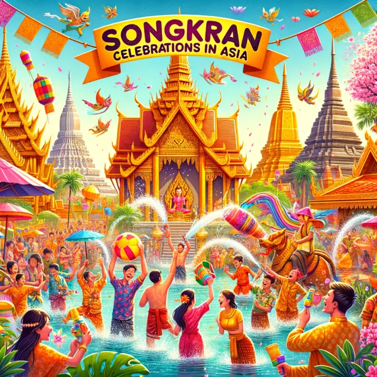 A vibrant and festive scene of the Songkran Festival 2025 in Thailand, featuring people joyfully splashing water in the streets with 'Songkran Festival 2025' clearly visible on the image.